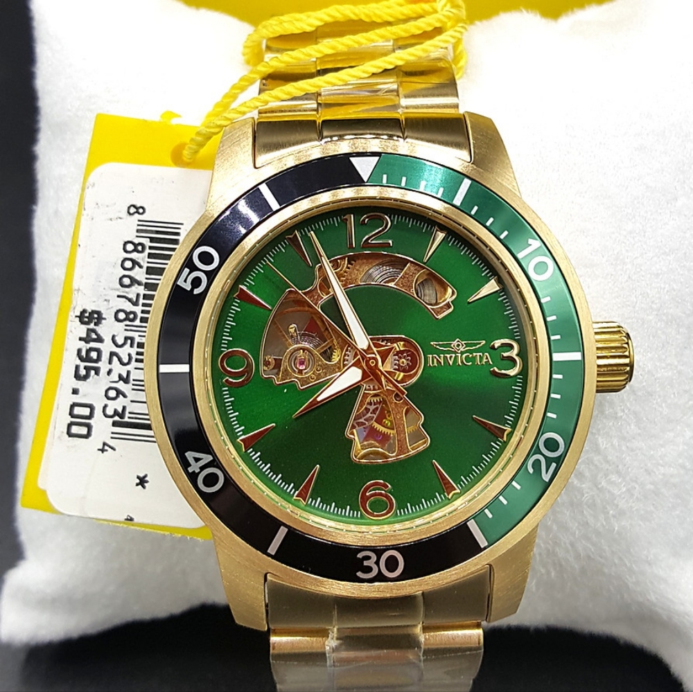 FIRM PRICE-New Invicta Mechanical Green Dial gold tone men's watch.